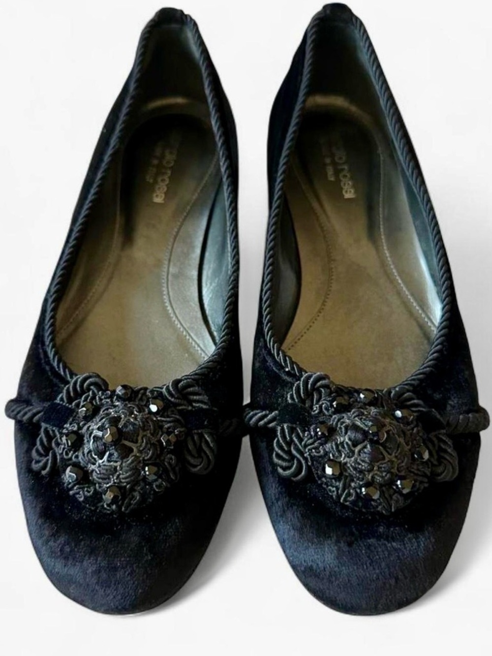 Sergio Rossi Y2K Black Velvet Ballet Flats Rosette Beaded Toe Women’s 6.5 EU 37